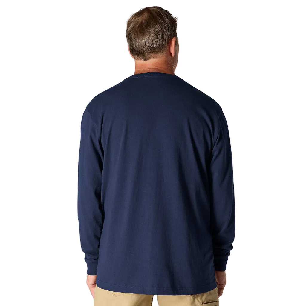 Man wearing a navy blue long-sleeve shirt on a white background