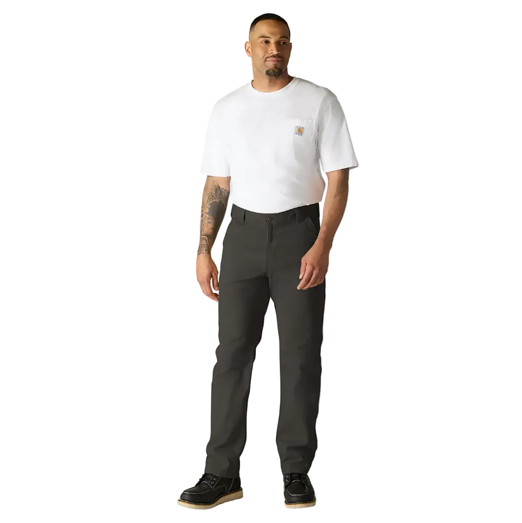 Man wearing a white t-shirt and dark pants on a white background