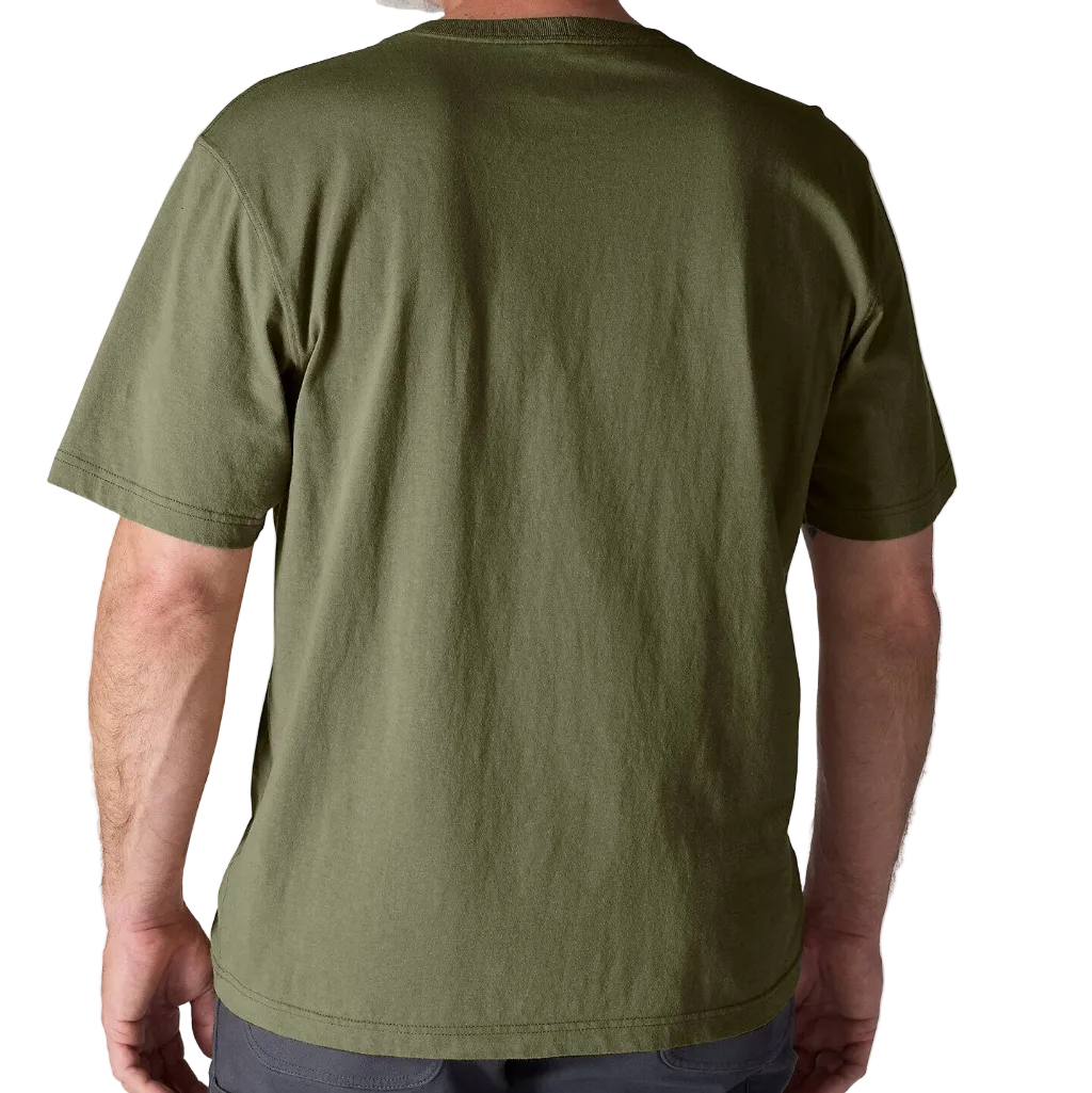 Person wearing an olive green t-shirt on a plain background