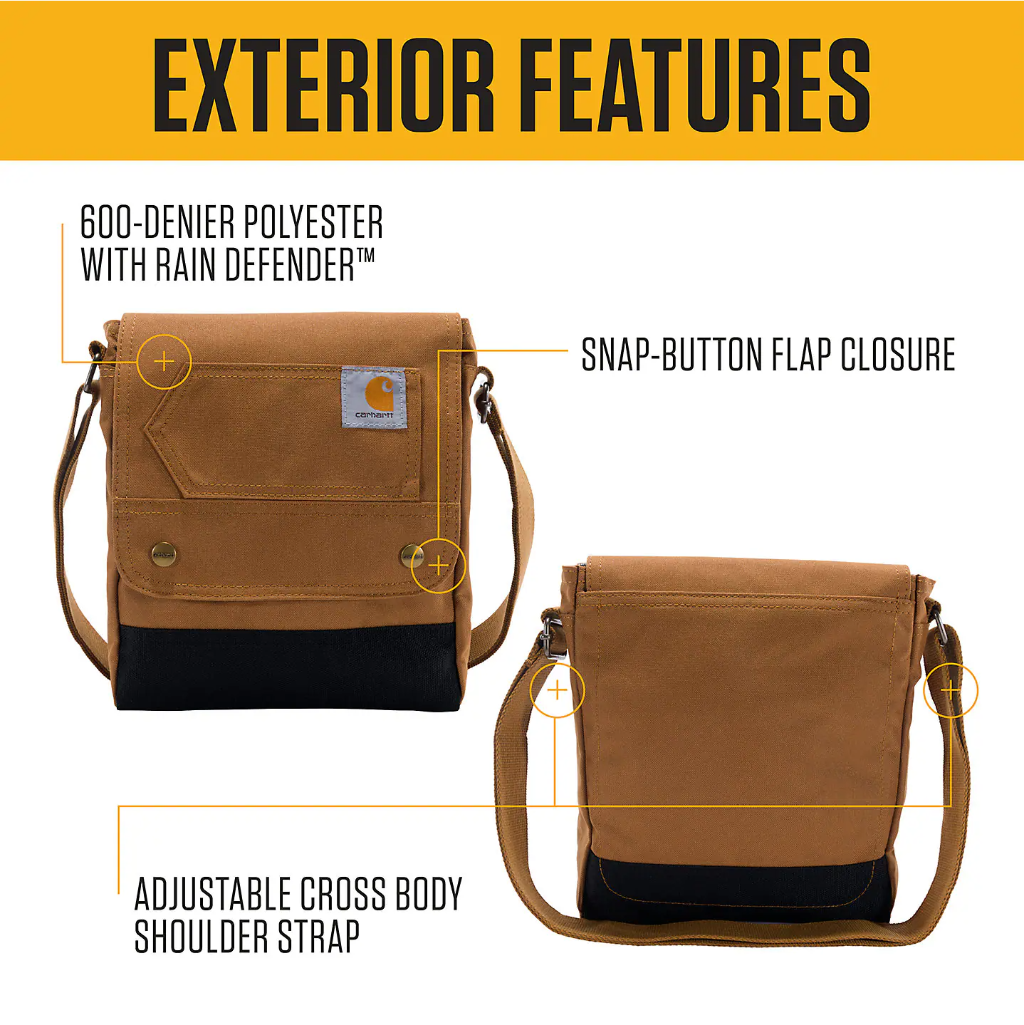 Brown crossbody bag with features highlighted on a yellow and white background
