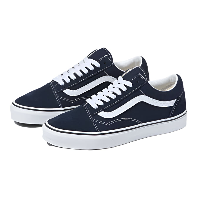 A pair of Vans Old Skool sneakers in navy blue and white color, featuring the iconic side stripe and lace-up closure.
