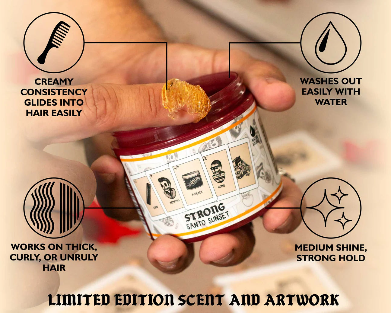 Hand holding a jar of hair product with features highlighted