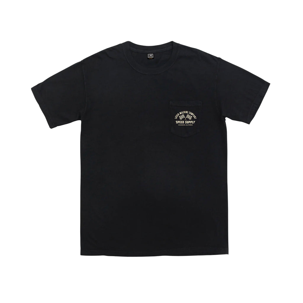 Black t-shirt with a small white logo on the chest against a white background