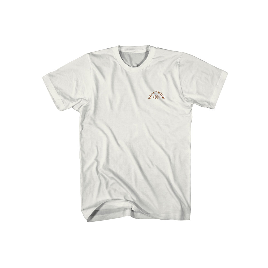 White t-shirt with a logo on the chest against a white background