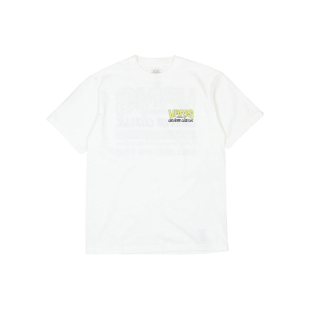 White t-shirt with yellow text on a white background