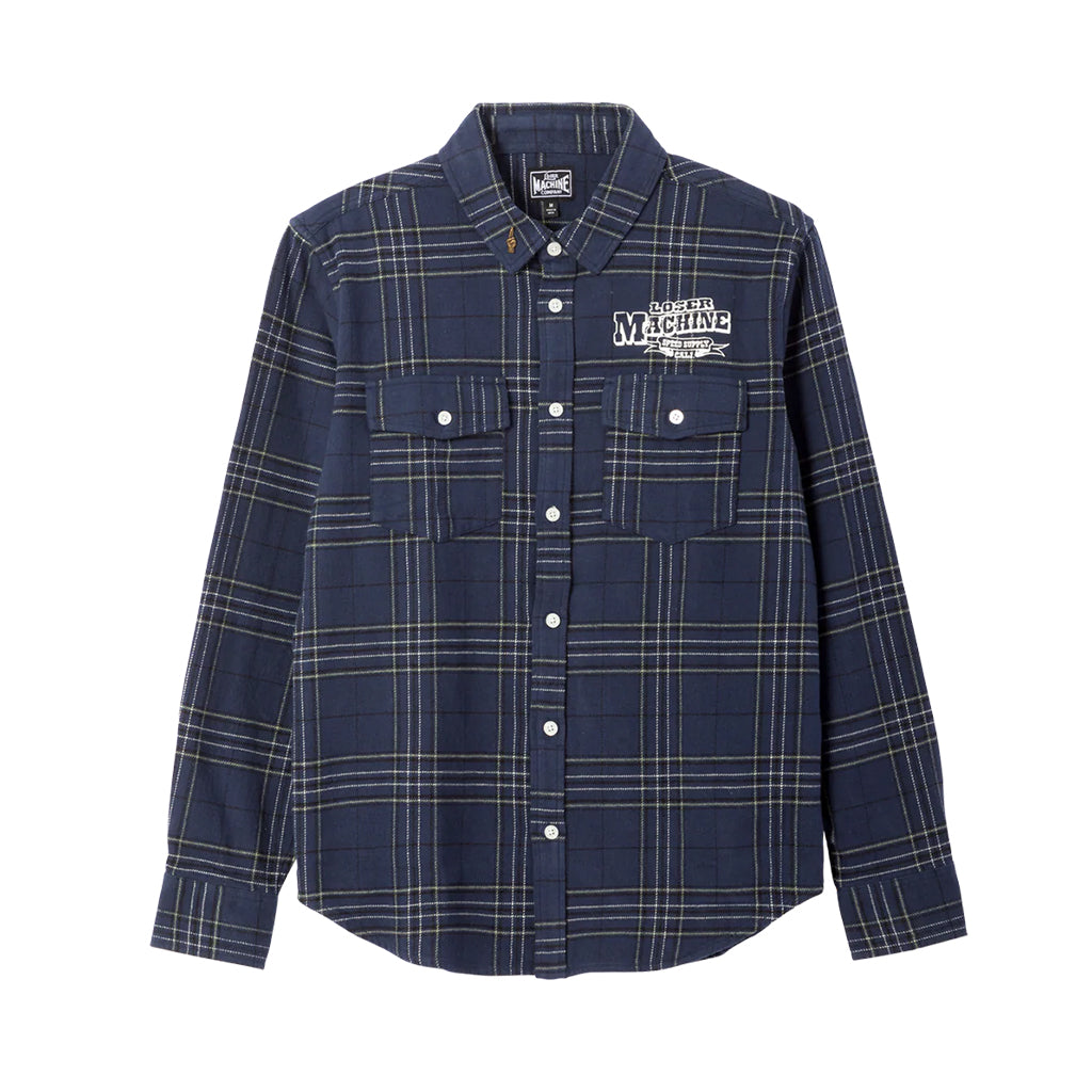Navy plaid shirt with brand logo on a white background