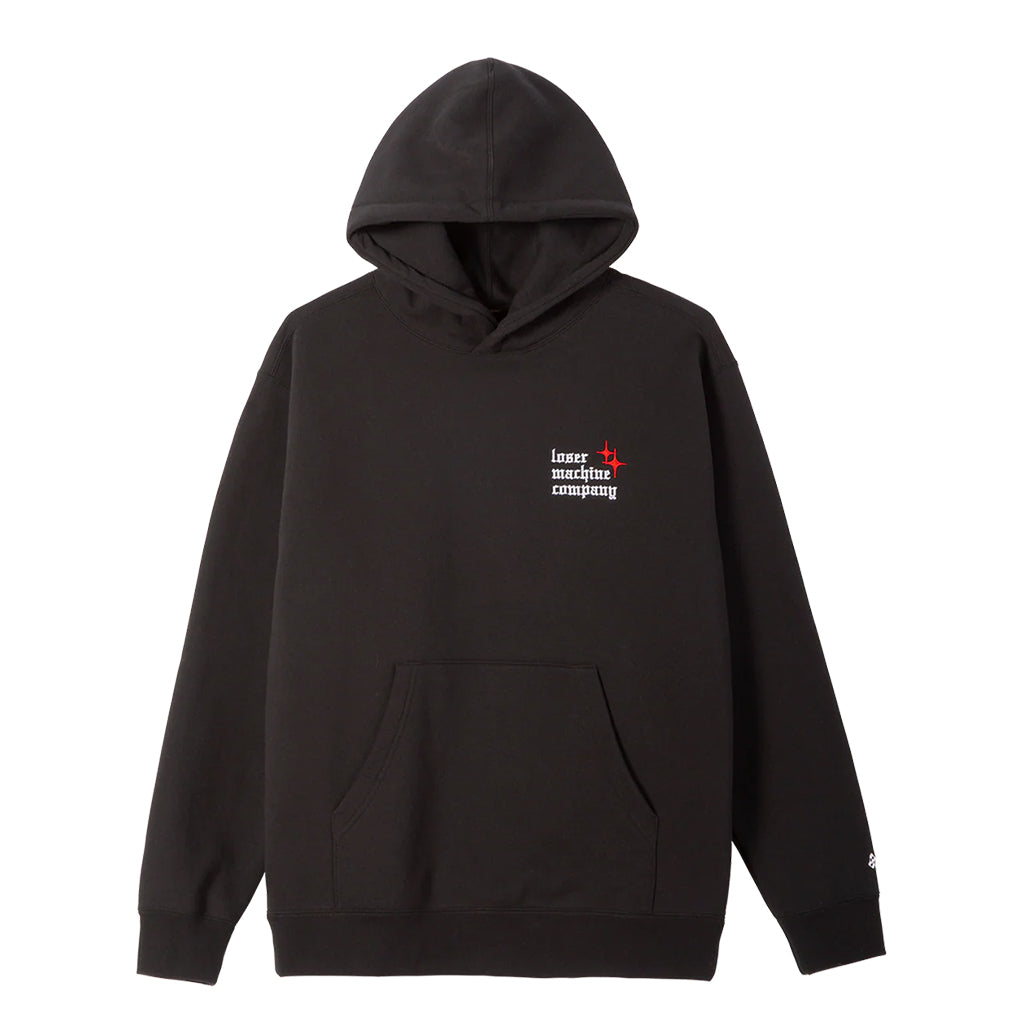 Black hoodie with a logo on the chest against a white background