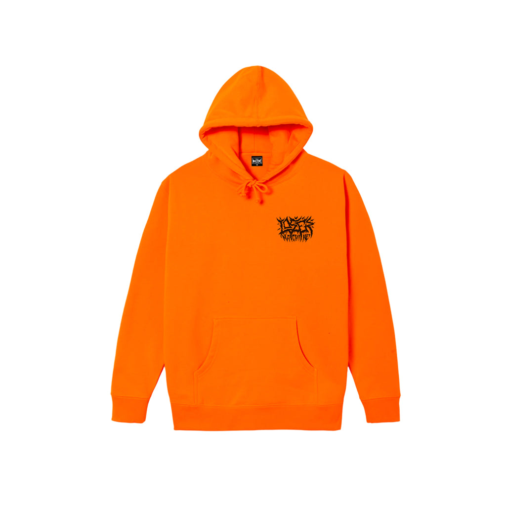 Orange hoodie with a black logo on a white background