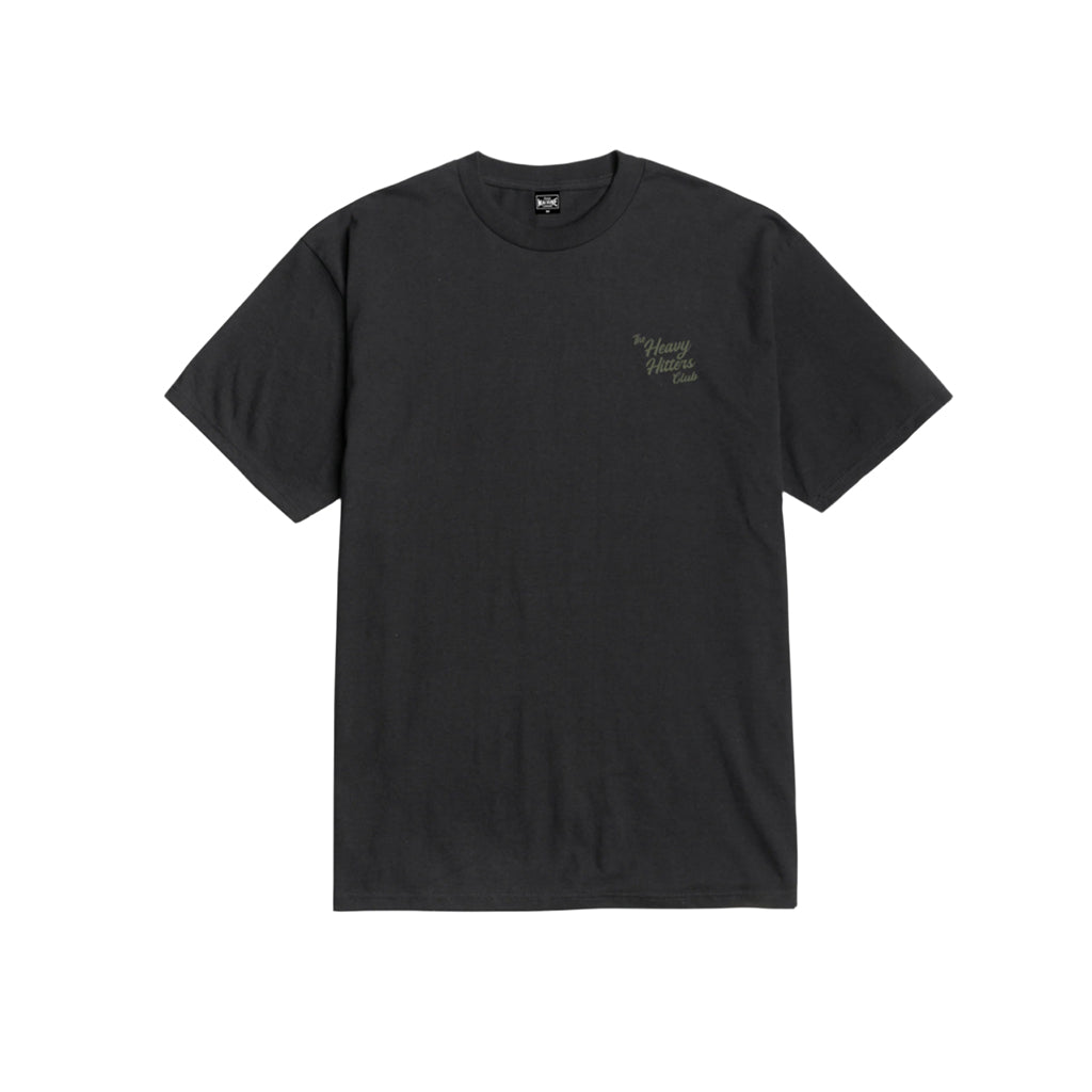 heavy hitters script on a black tee on a white background