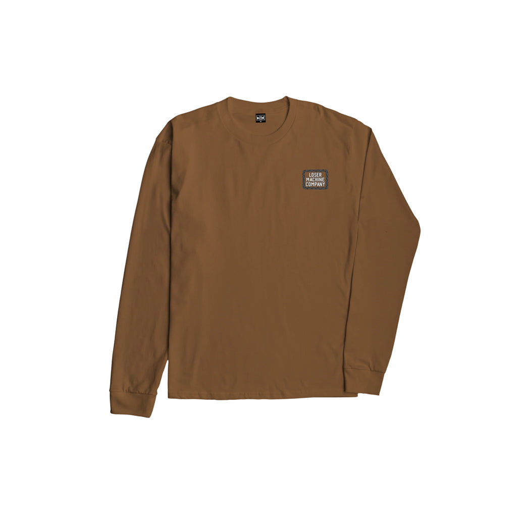 Brown long-sleeve shirt with a logo on the chest against a white background