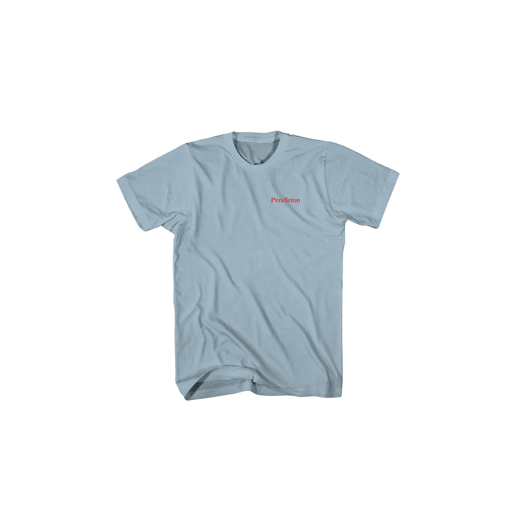 Light blue t-shirt with a red logo on a white background