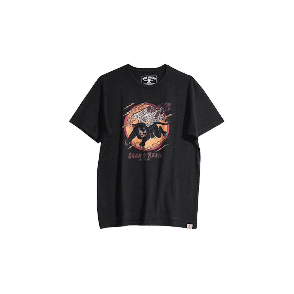 Black t-shirt with graphic design on a white background