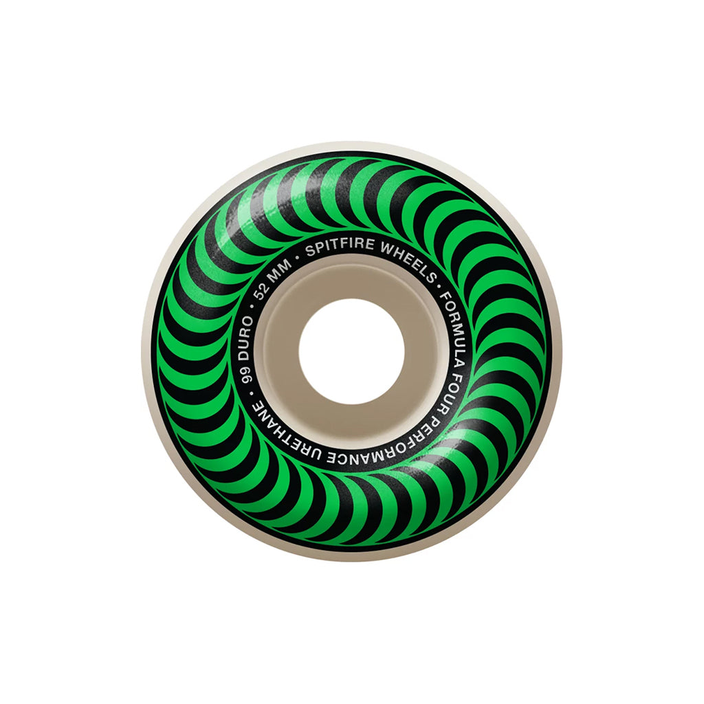 A single classic skateboard wheel with a green and black spiral pattern from Spitfire.
