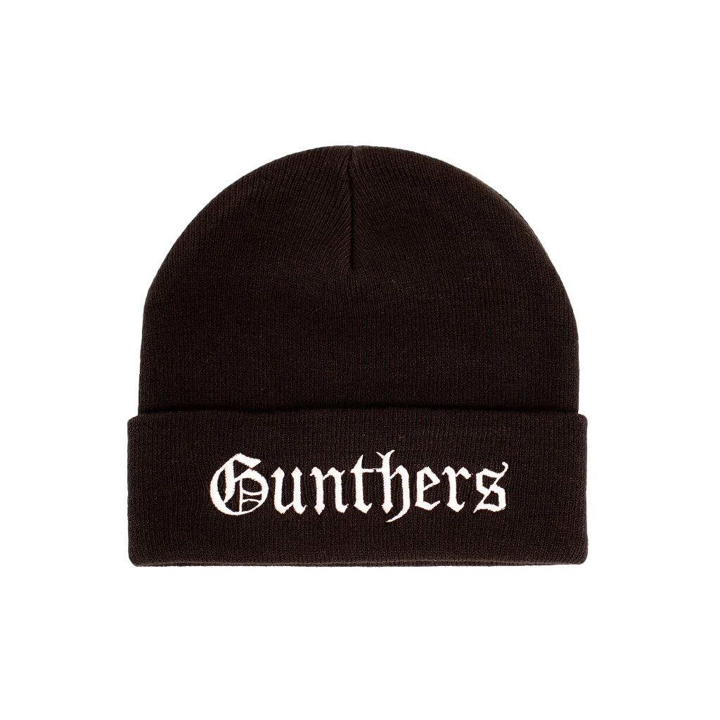 A black beanie with the white text 'Gunthers' embroidered on the front.