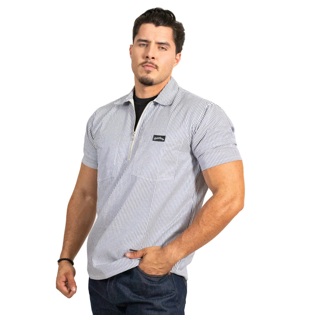 Man wearing a blue and white striped shirt with a logo on a white background