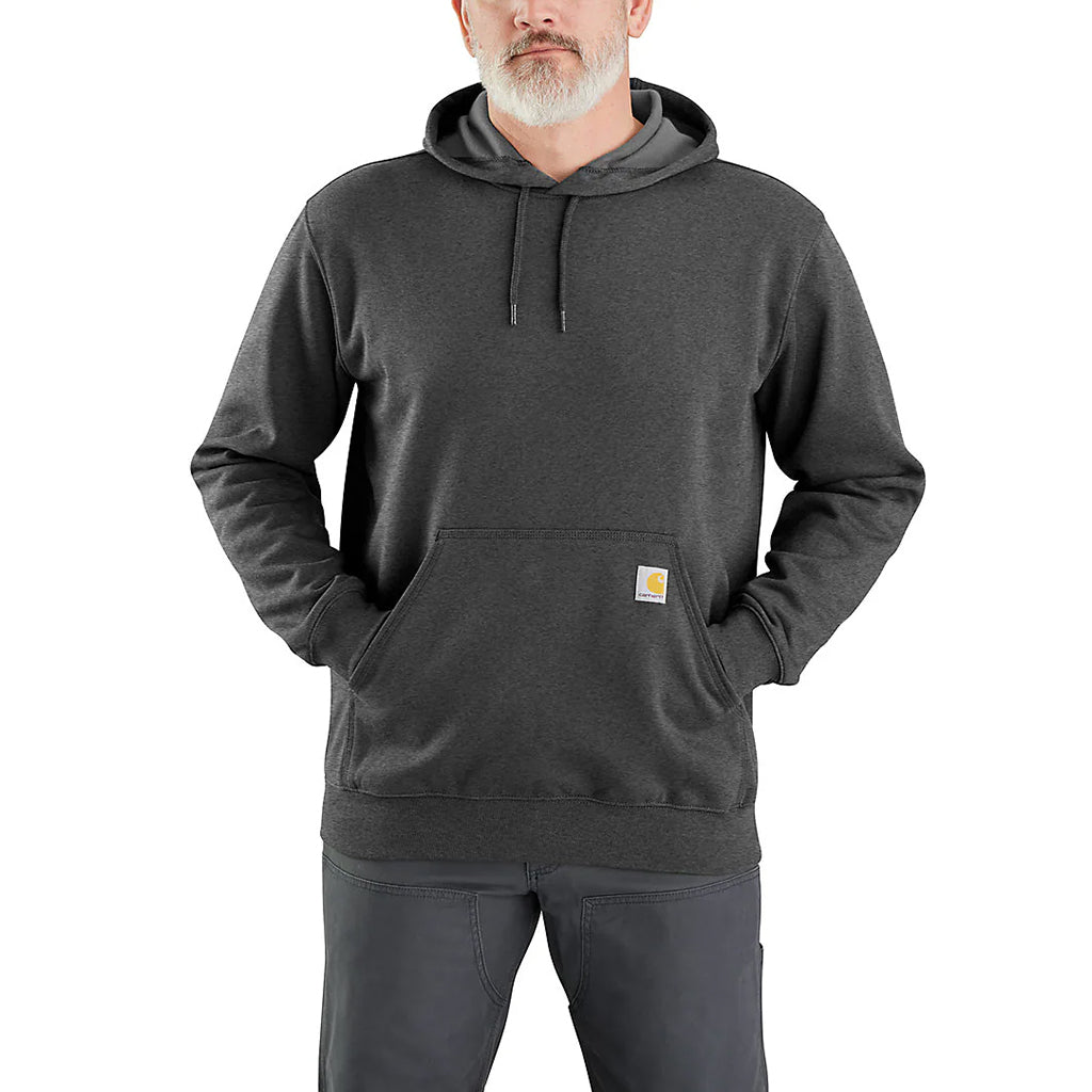 Man wearing a gray hoodie with a visible brand logo on a white background