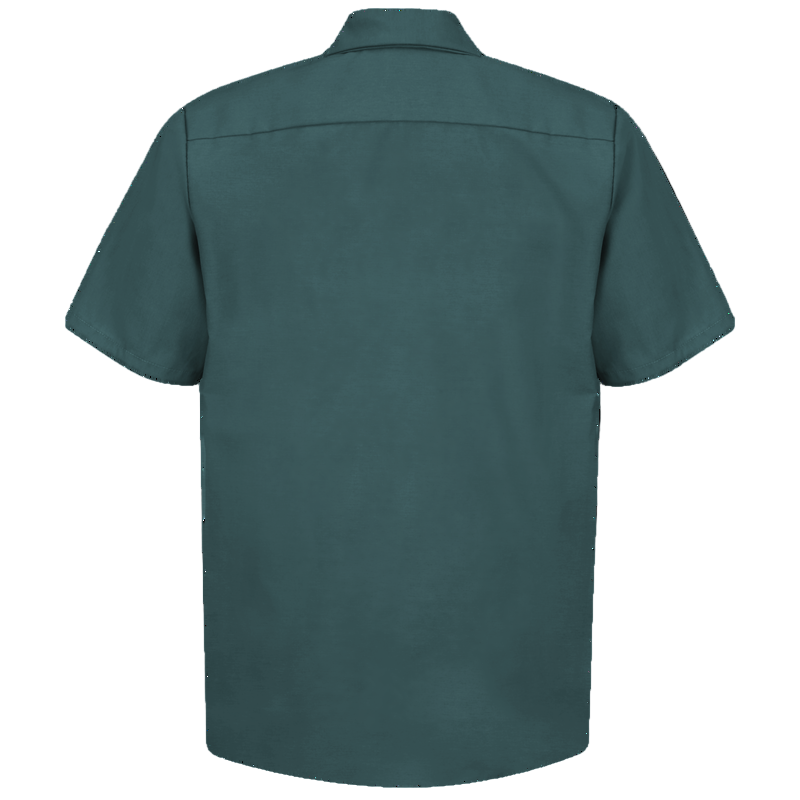 Back of a green button down work shirt