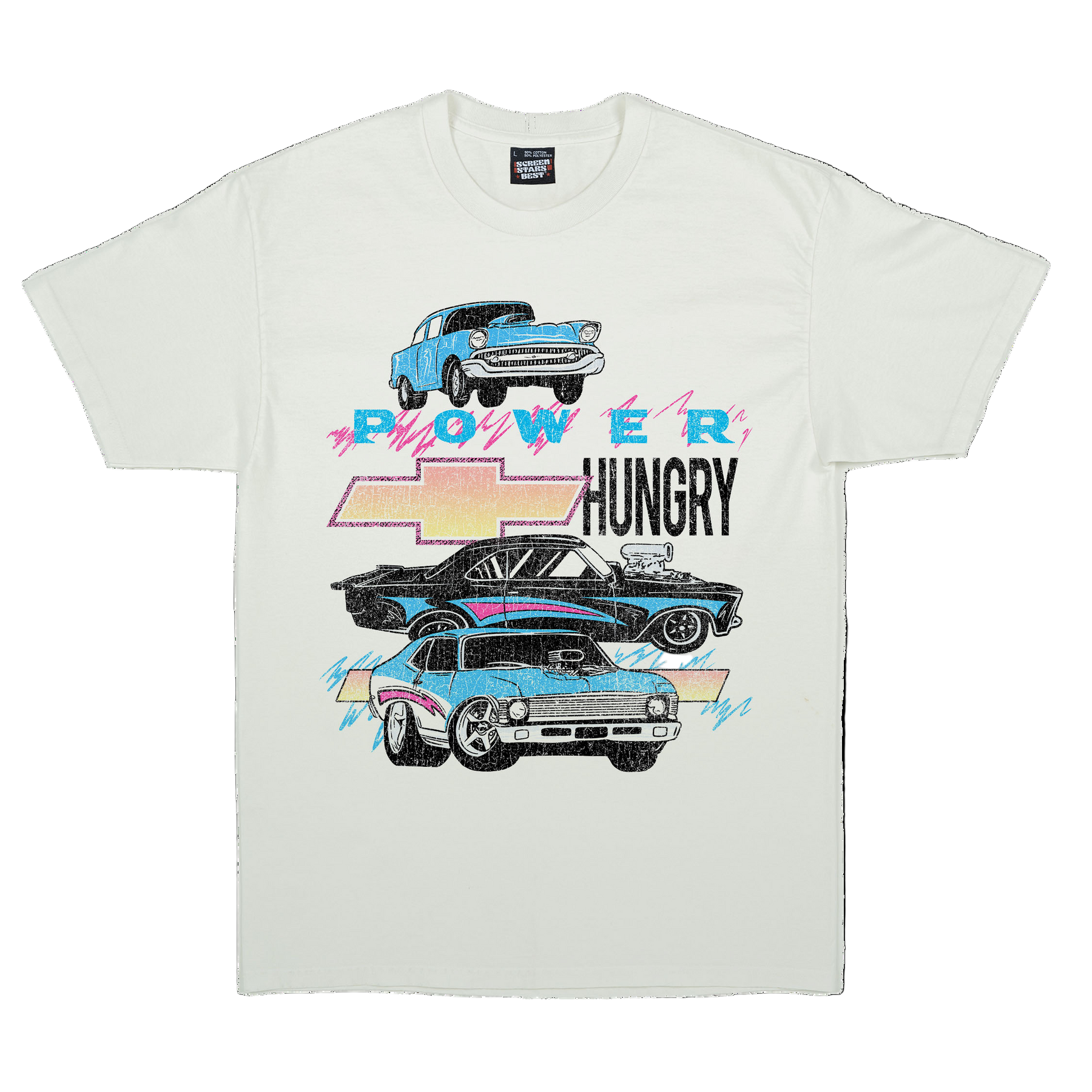 White crew neck t-shirt with graphic print of vintage cars and the text 'POWER HUNGRY'.