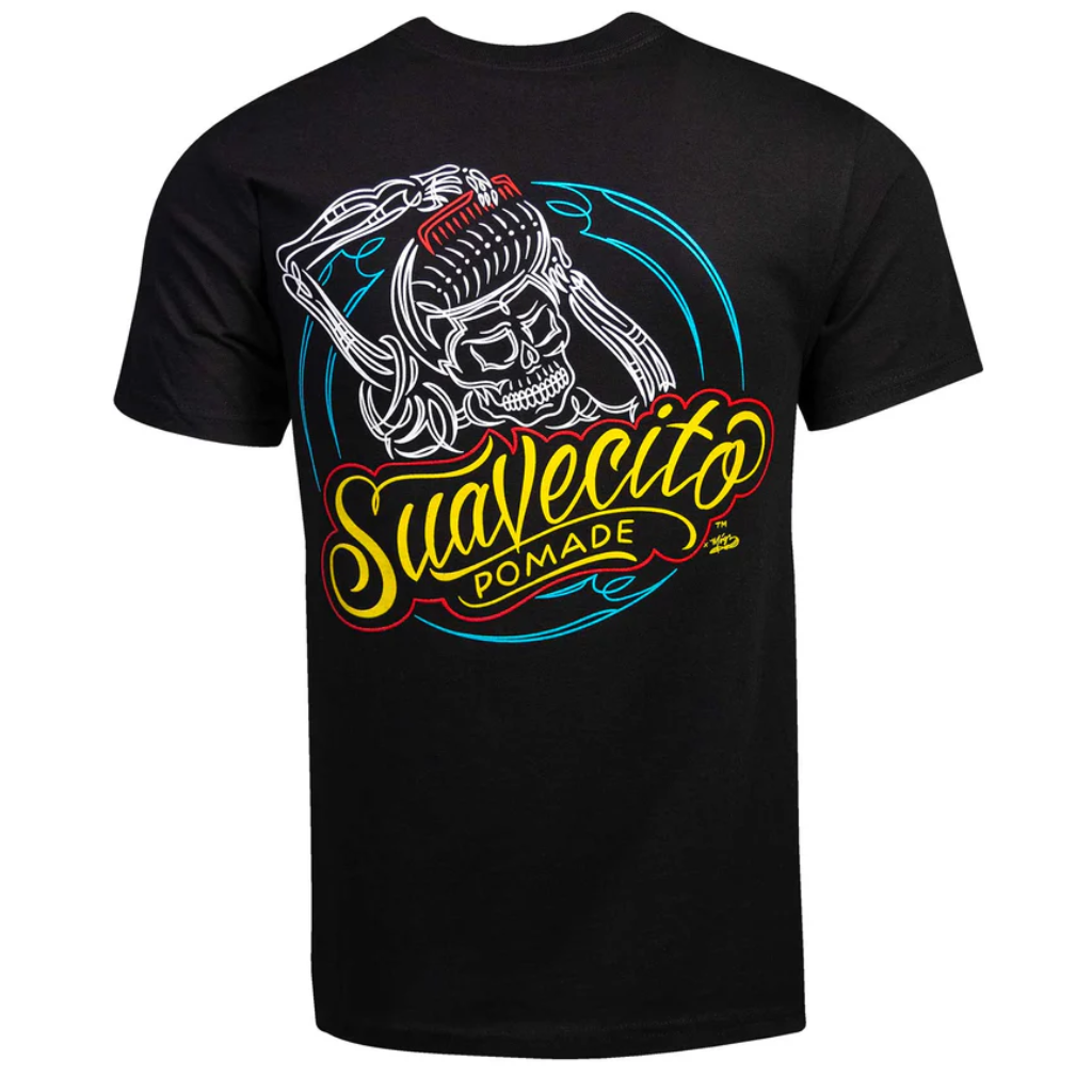 A black t-shirt with a graphic print of a skull and pinstriping artwork in vibrant colors, including yellow and red, around the neckline and on the back.