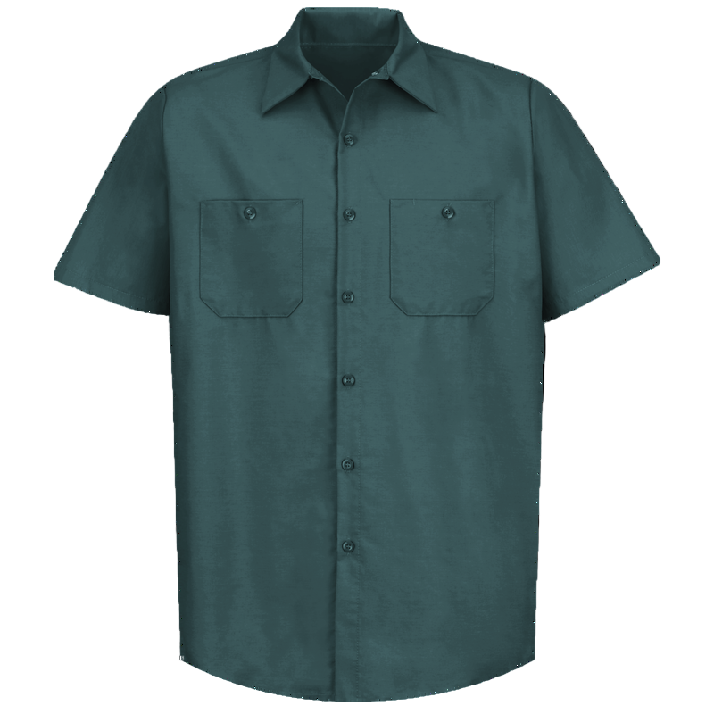 A spruce green industrial work shirt with a button-down front, two chest pockets, and a left pocket pencil stall.