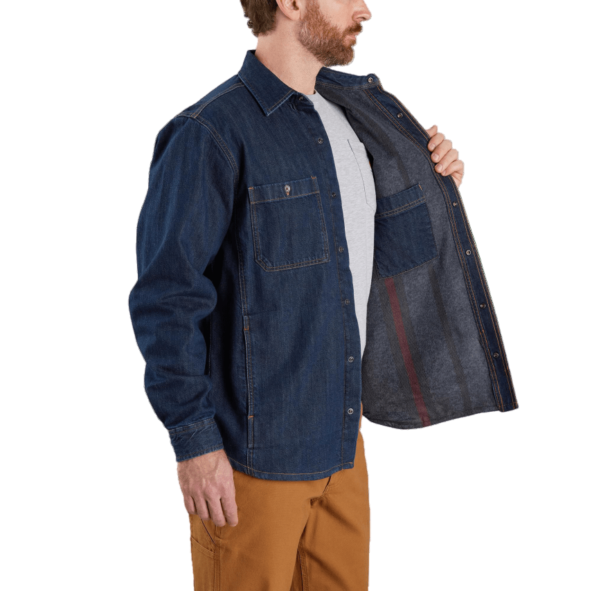 Man wearing a blue denim shirt over a gray t-shirt on a white background