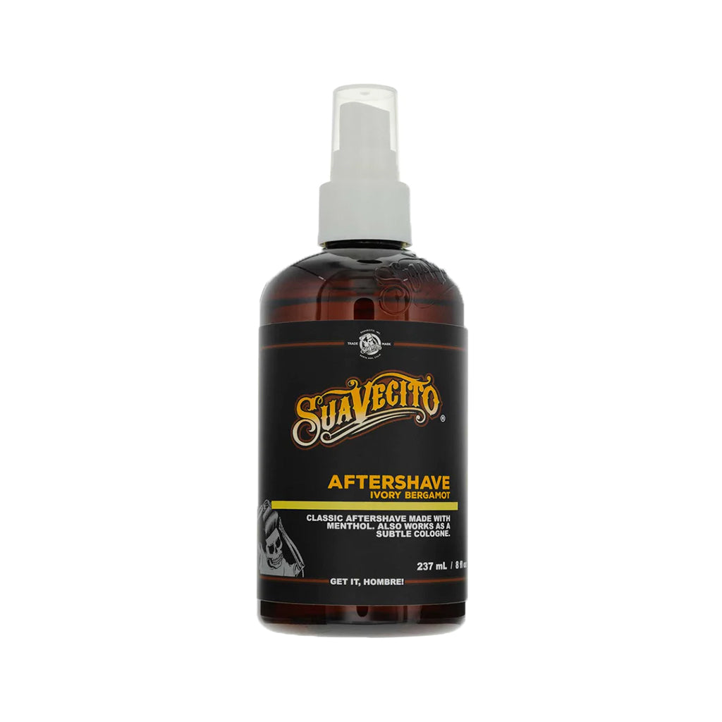 A bottle of Suavecito Ivory Bergamot After Shave with a spray dispenser, labeled for beard and shave grooming.