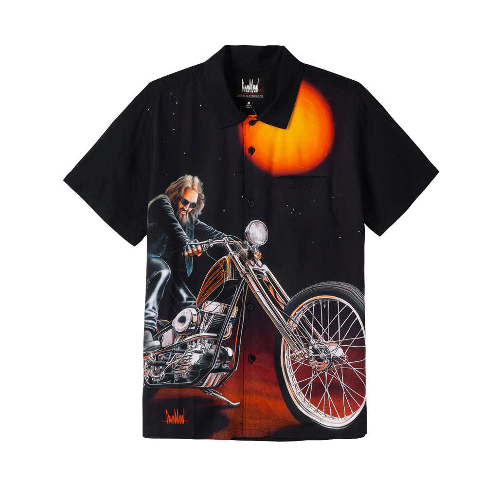 A black short sleeve viscose shirt with a graphic print of a person on a motorcycle, featuring a convertible collar, straight hem, welt chest pocket, and engraved buttons.