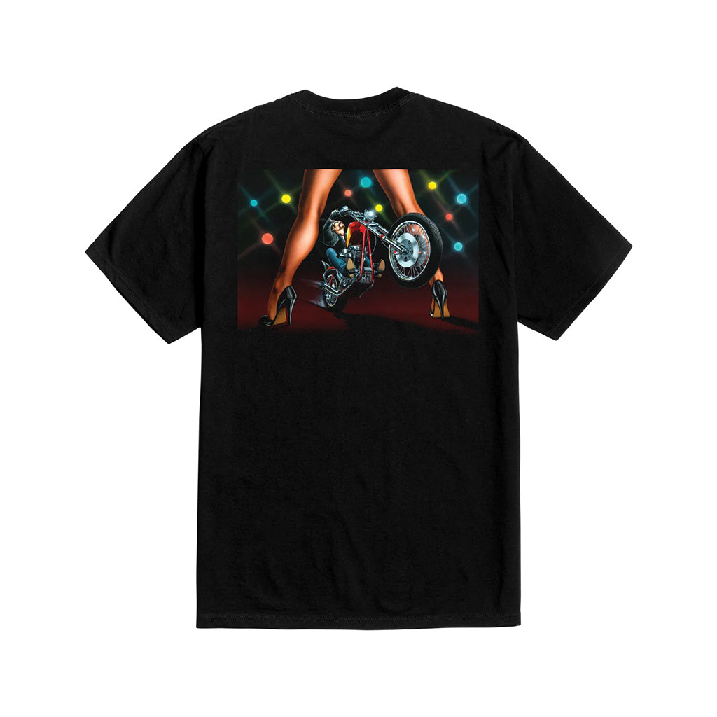 Black t-shirt with a graphic print of a motorcycle and colorful lights.