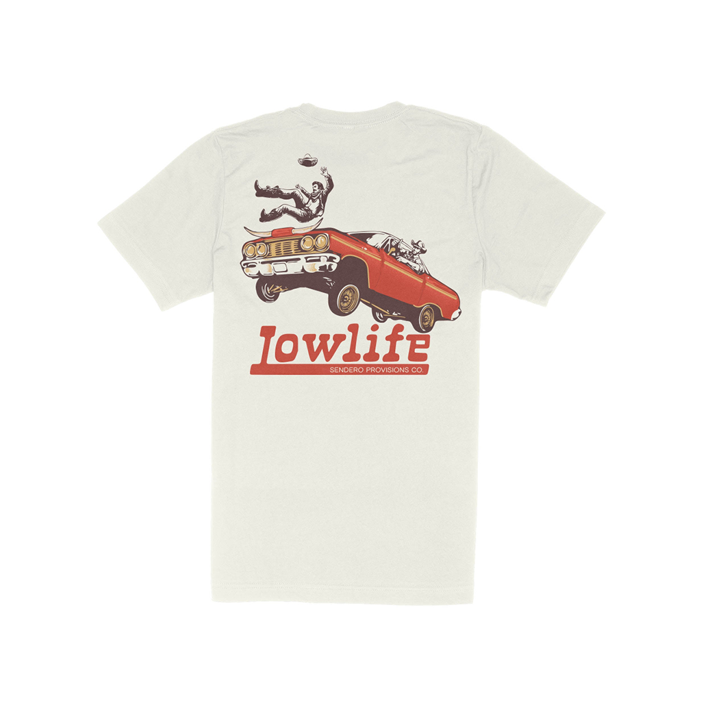 White t-shirt with a graphic of a red car and 'lowlife' text on a white background