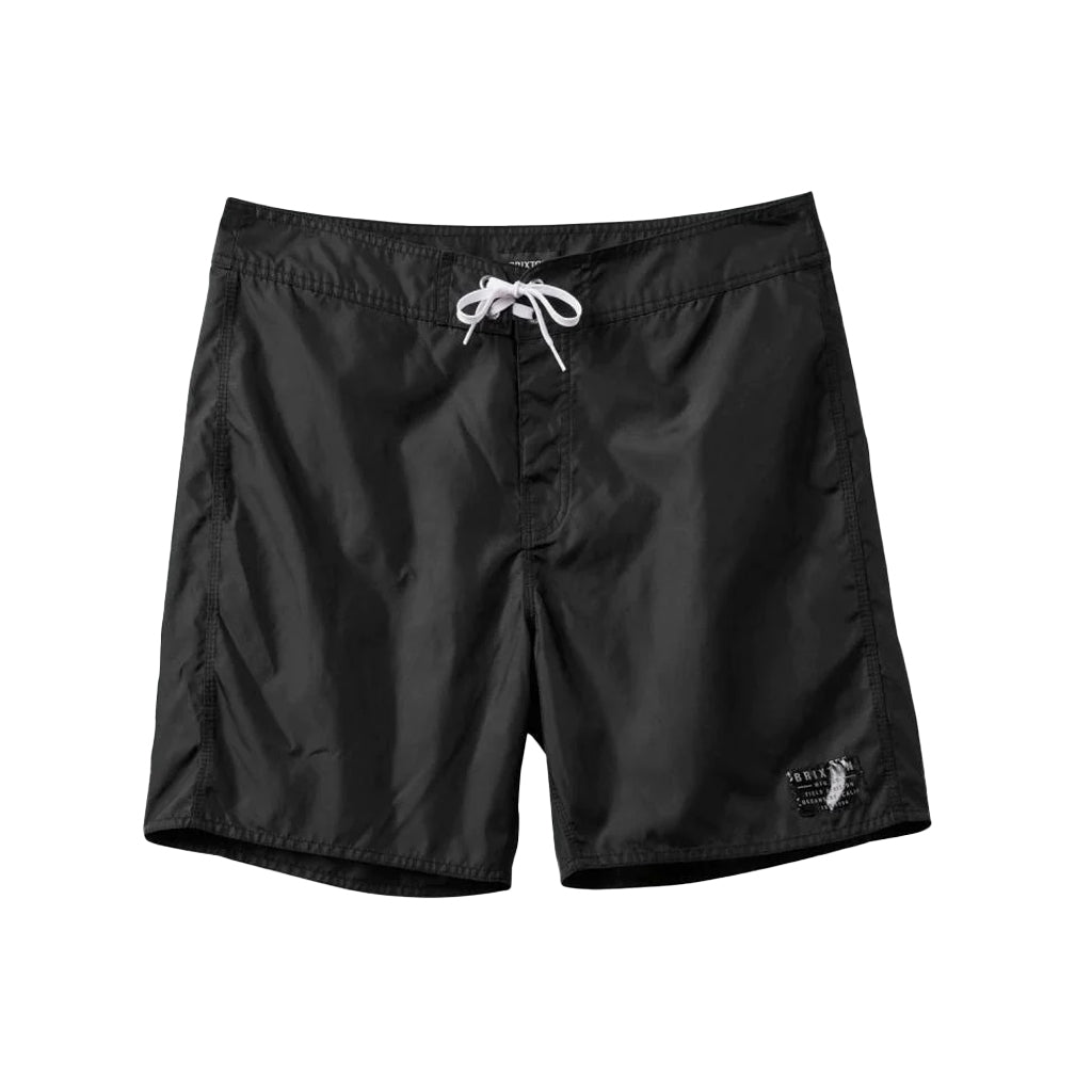 A pair of black nylon swim trunks with a drawcord waistband, displayed against a white background.