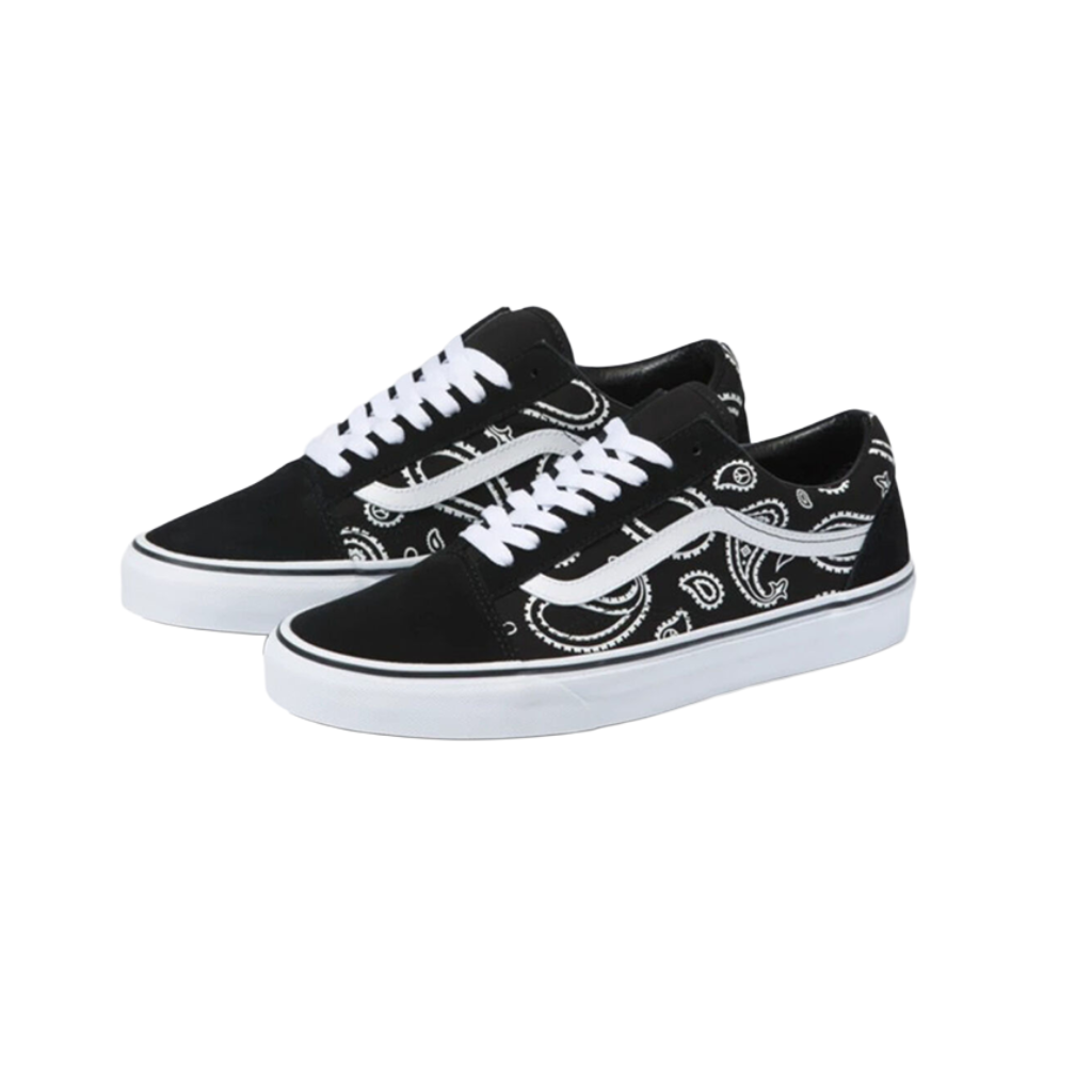 Black sneakers with white patterns on a white background