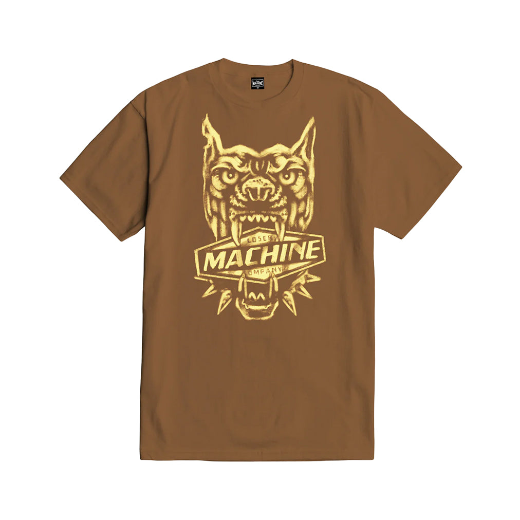 Brown crew neck t-shirt with a graphic print of a machine and text on the front.