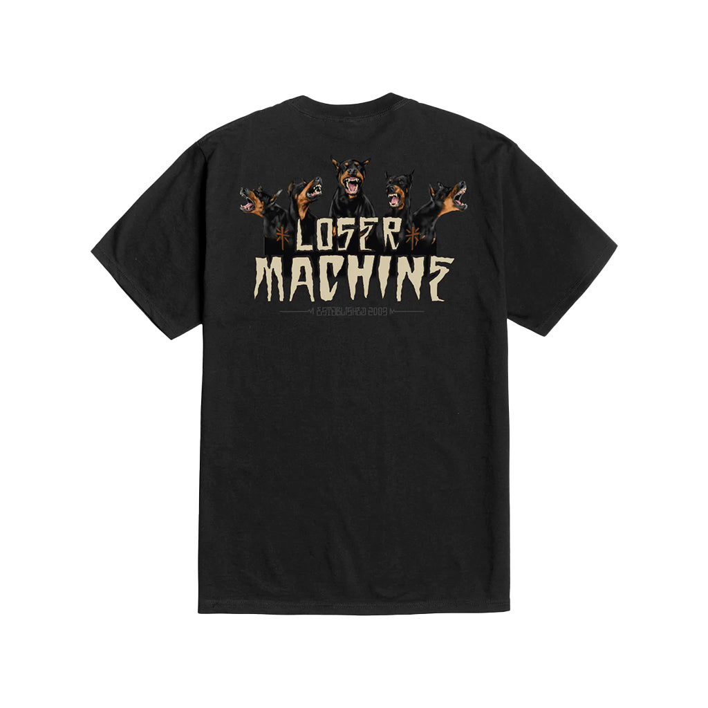 Black crew neck t-shirt with text 'LOSER MACHINE' printed across the chest