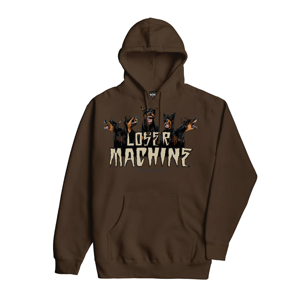Brown hooded fleece sweatshirt with 'LOSER MACHINE' text and character illustrations on the front.