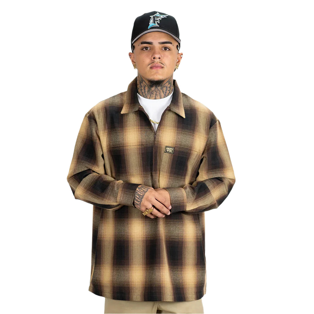 Long Sleeve Checker Zip Shirt Black/Tan