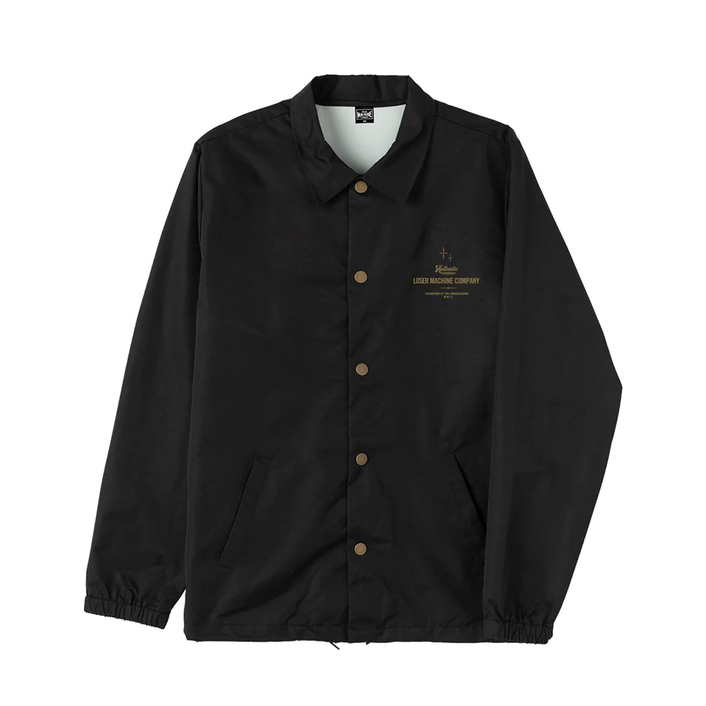 Black windbreaker jacket with gold Loser Machine Company script on the chest
