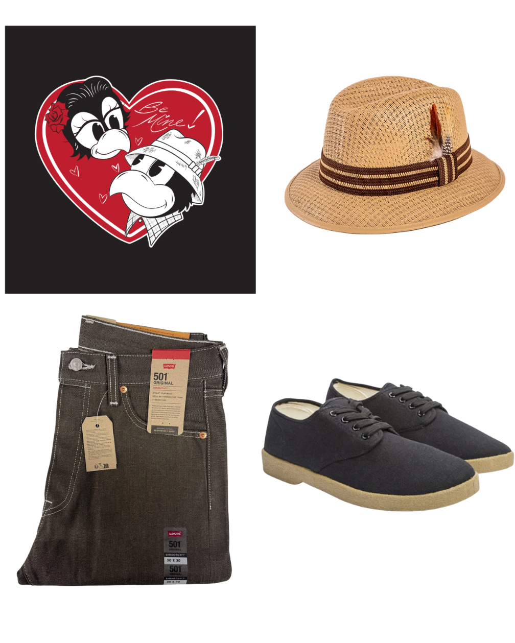 Collage of a heart-shaped poster, straw hat, jeans, and black shoes on a white background.