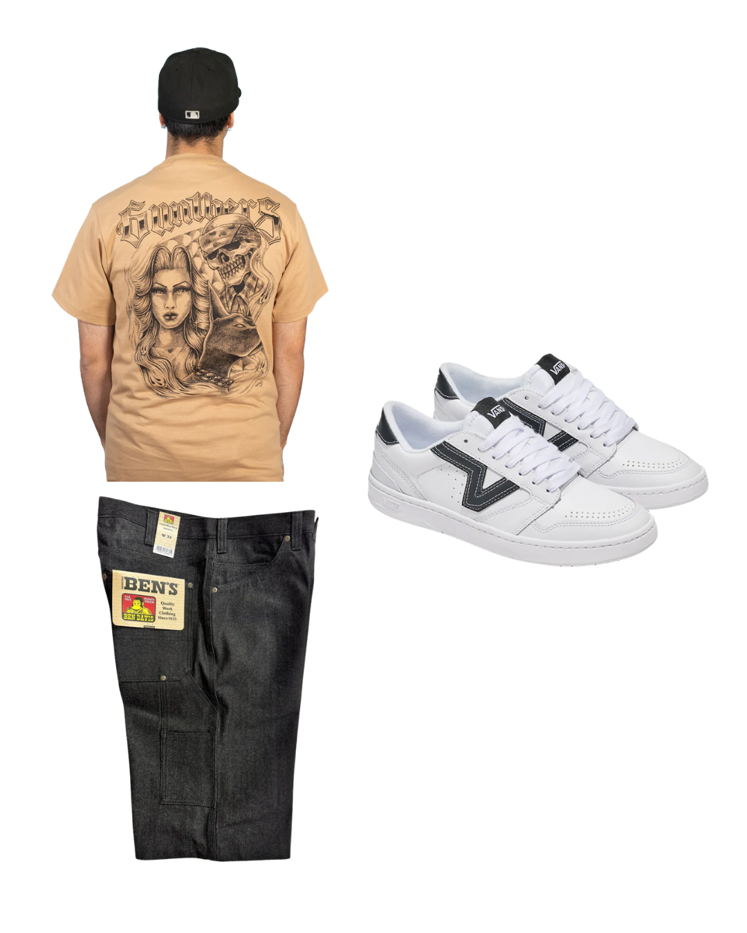 Beige t-shirt with graphic design, black pants, and white sneakers on a white background