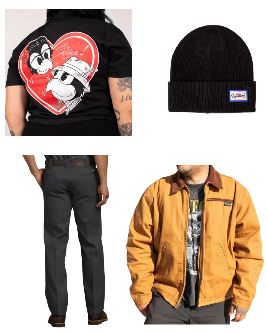 Collection of clothing items including a black t-shirt with a graphic, a black beanie, gray pants, and a yellow jacket.