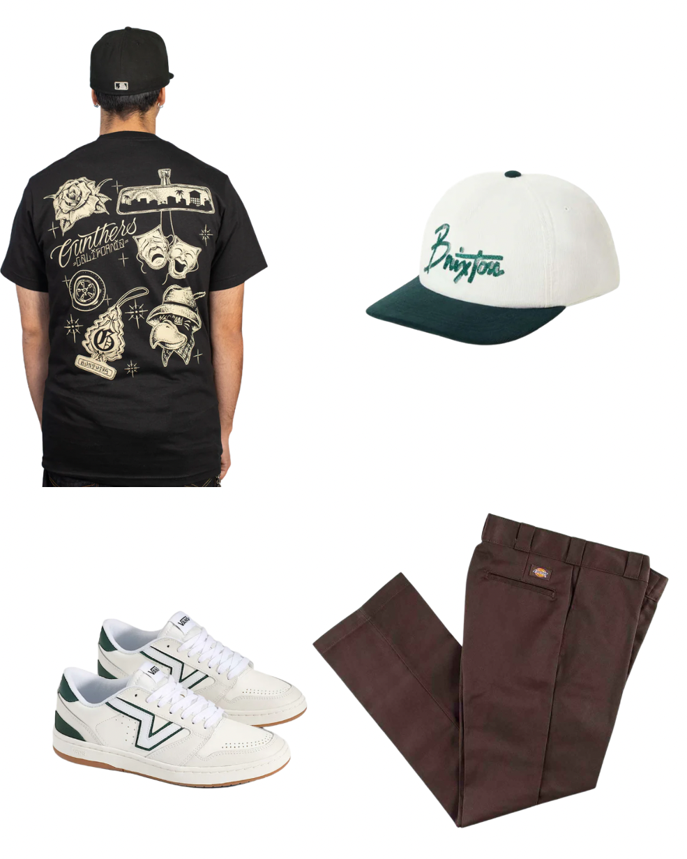 Black t-shirt with graphics, white sneakers, brown pants, and a cap on a white background