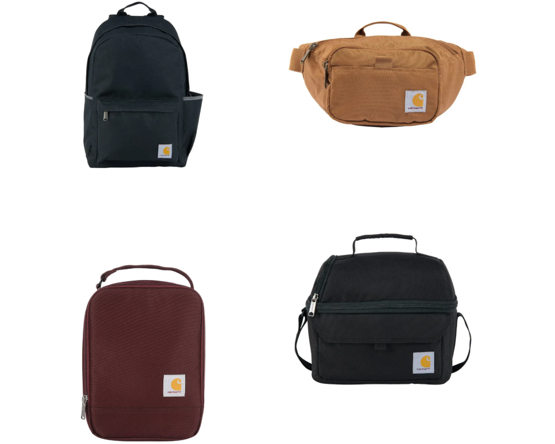 Multiple Carhartt Bags laying on a white background