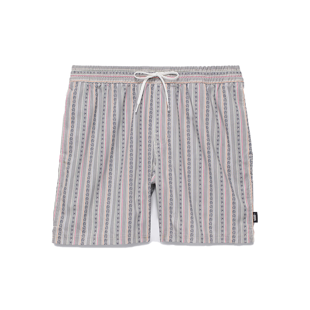 Grey Vans shorts with red and yellow lines on a white background