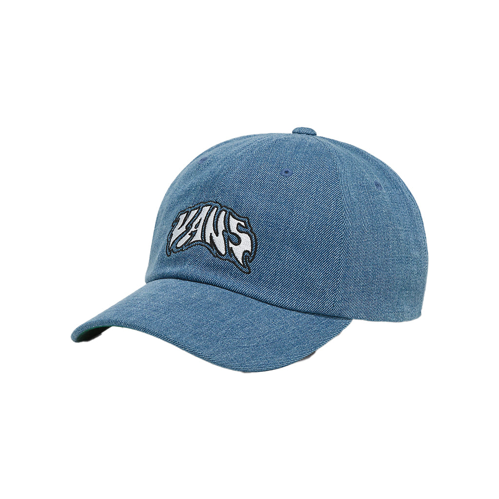 A blue 6-panel cap with a curved bill and an embroidered Vans logo on the front.