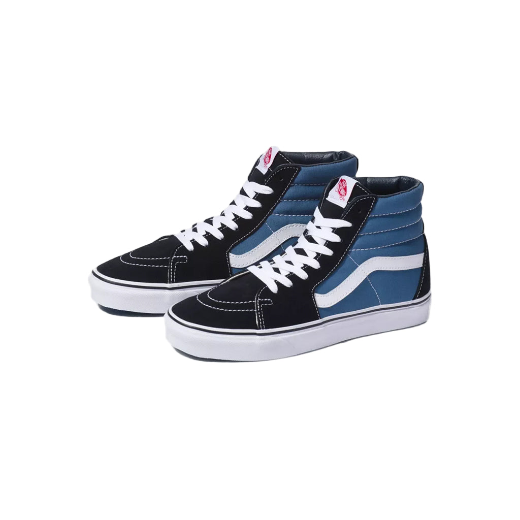 Pair of black and blue high-top sneakers with white laces on a white background