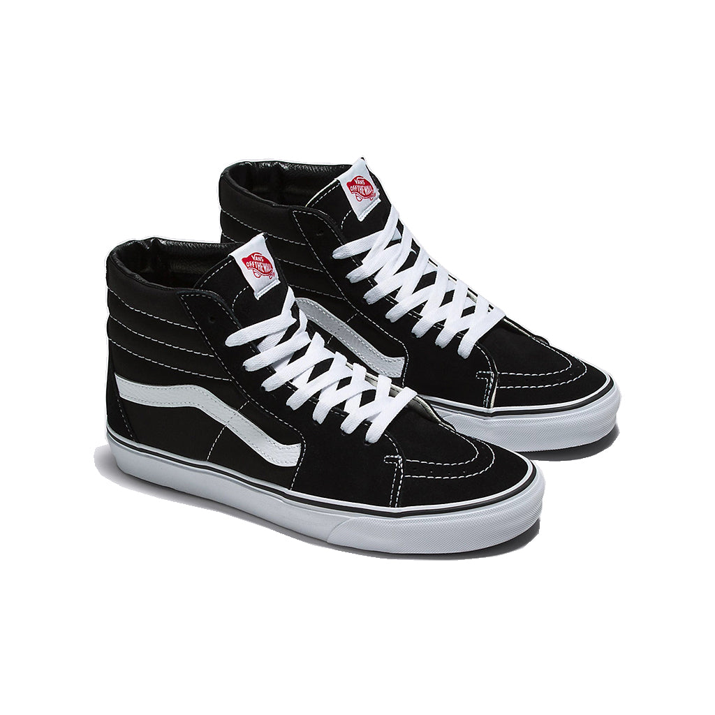 A pair of Vans Sk8-Hi high-top sneakers in black and white color scheme, showing the side profile of the shoes with the lace-up closure visible.