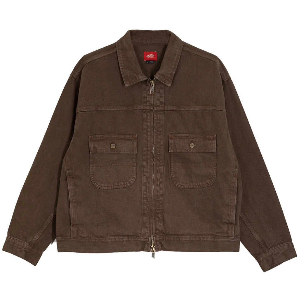 Brown jacket with a collar and two front pockets on a white background