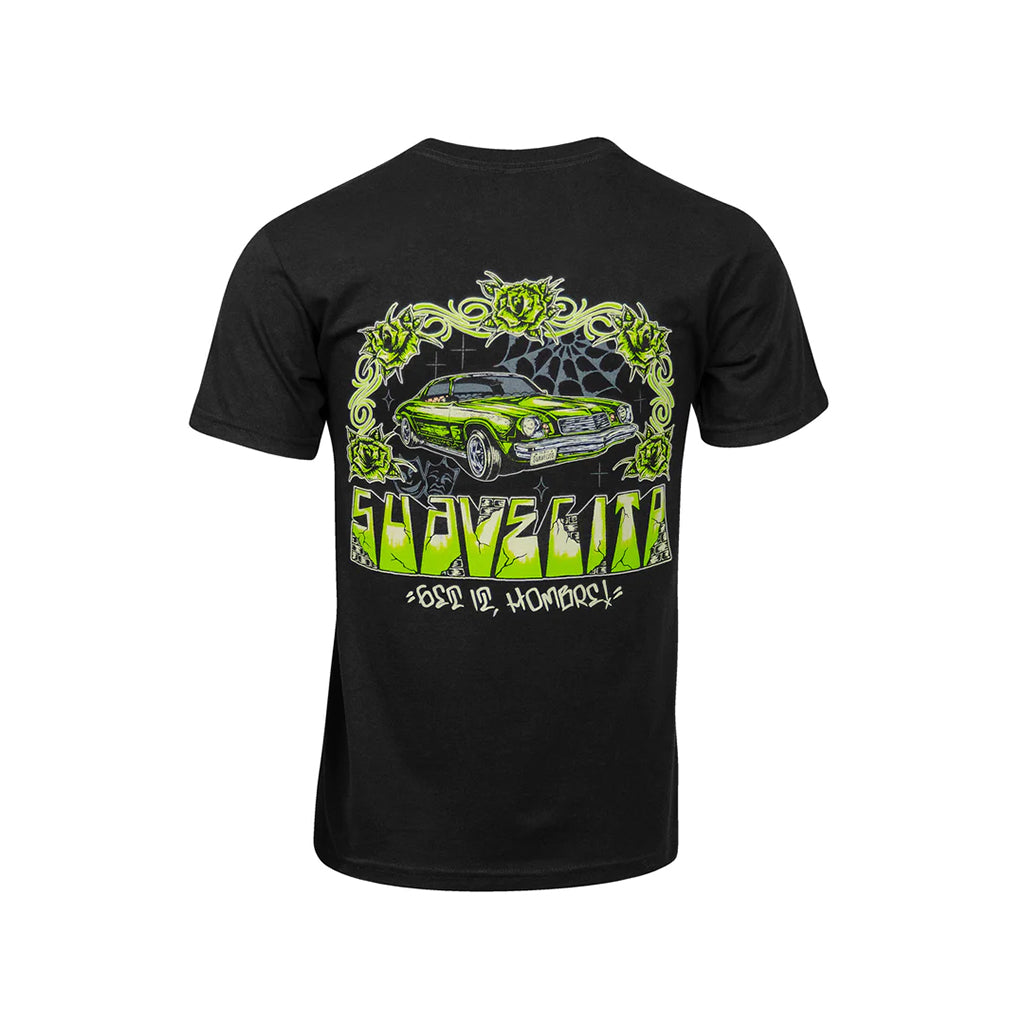 A black t-shirt with a graphic of a green cruiser car and text 'SLOW' on the front, and a larger graphic of the car with decorative elements and text on the back.