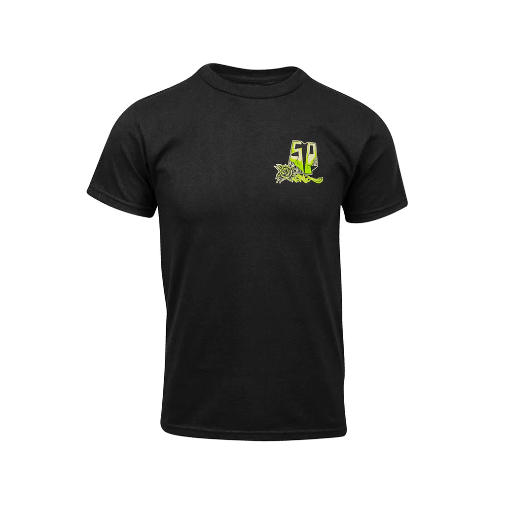 SP logo in green on a black shirt on a black background