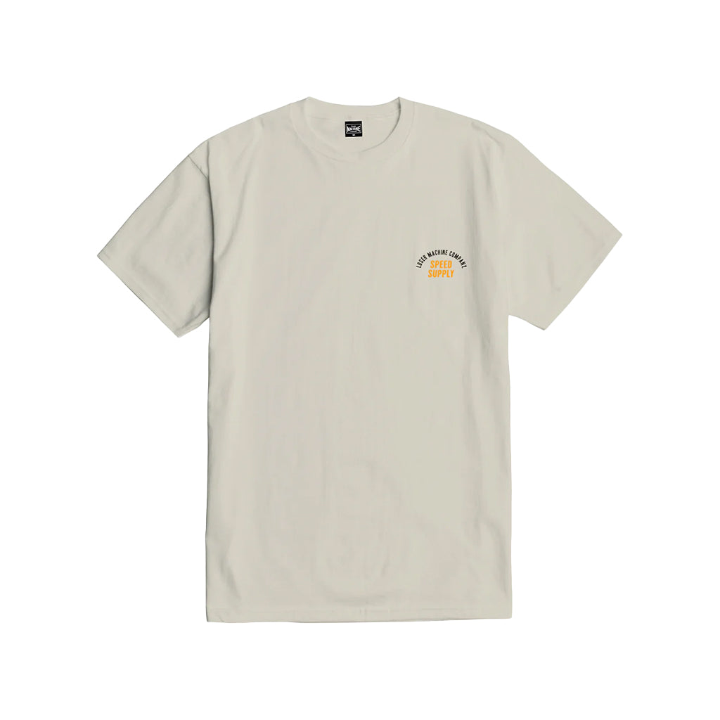 Beige shirt with a small Loser Machine Company Speed Supply Script on the chest