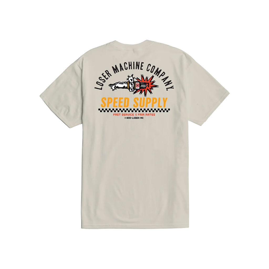 A beige t-shirt with a graphic print on the back showing a cartoon of a car with flames and text related to 'Loser Machine Company Speed Supply'.